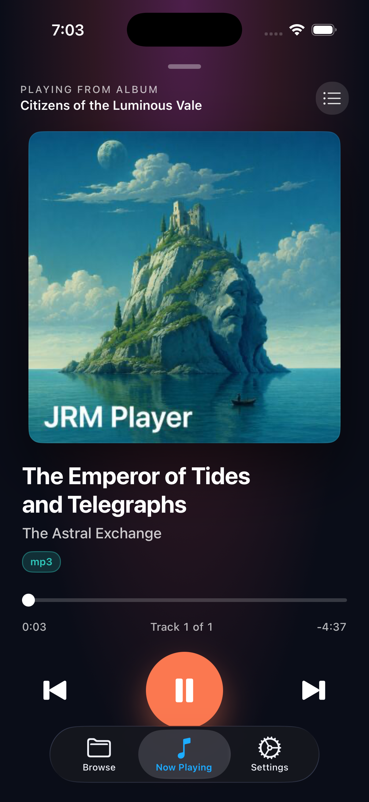 JR Player now playing screen with album art and playback controls