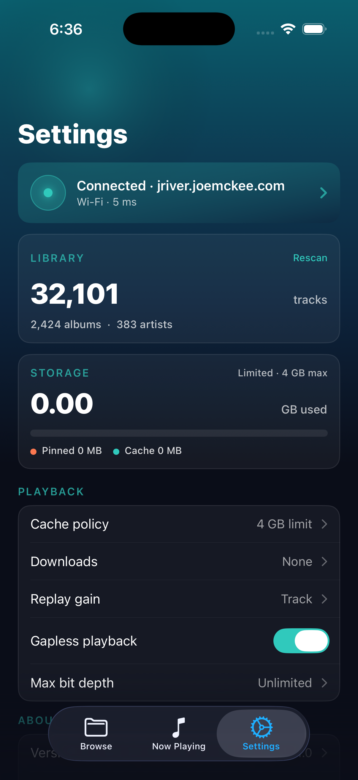 JR Player settings showing server, library, and storage details